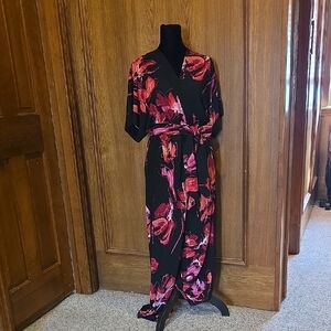 Susan Graver Floral Black and Red Kimono Jumpsuit